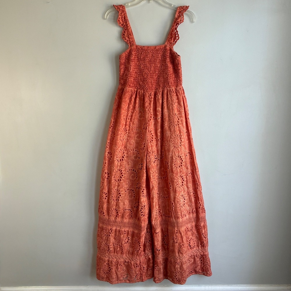 Fate Eyelet Jumpsuit Medium Orange Boho Wide Leg Smocked Coastal Boho Euro Chic